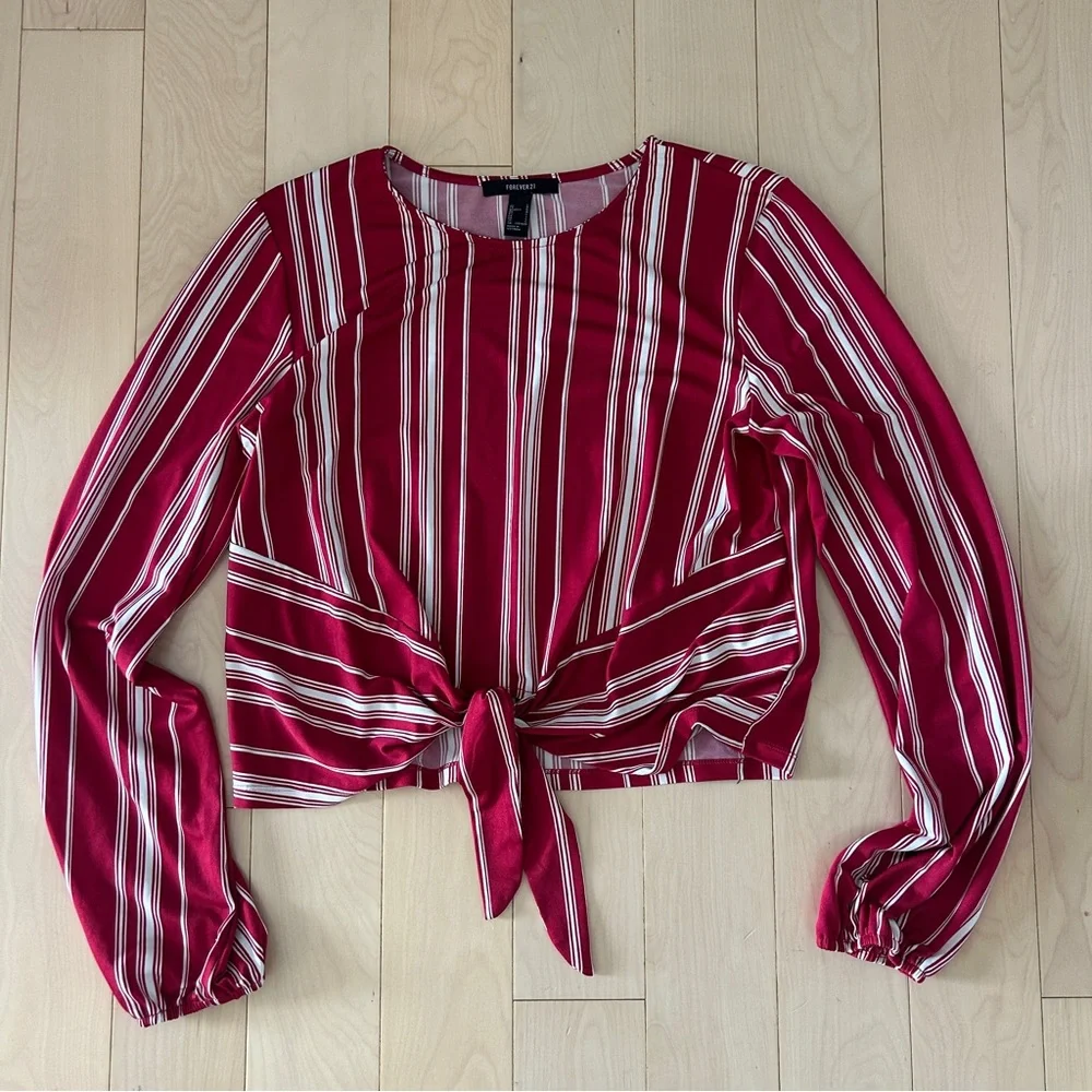 Forever 21 Red and White Striped Tie Front Long Sleeve Shirt - Picture 1 of 3